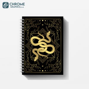May include: Black spiral-bound notebook with a gold illustration of two intertwined snakes. The cover design includes a geometric pattern and botanical accents. The text "CHROME GRAPHICS.CO.UK" is in the upper left corner.