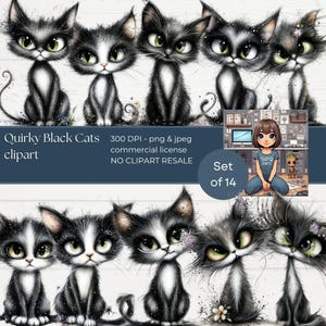 Svarta katter clipart-set | rufsiga katter PNG, (direkt nedladdning)
