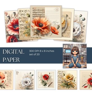 Poppy printable paper | digital paper poppy jpeg | instant download |Poppy flower papers | sublimation cricut | junk journal papers