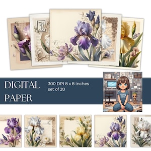 Iris Blume Digitales Papier | Florale Hintergründe, Junk Journal (Digitaler Download)