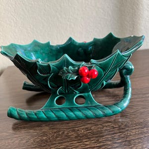 Vintage Lefton Holly Berry sleigh candy dish.