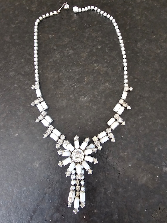 Vintage Milk Glass & Rhinestone Statement Necklace