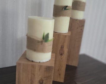 Custom big candles, large tower candles, wood stand candle holder, decorative church candles, wedding and christening candles