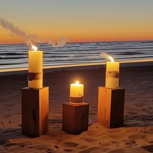 Customizable Tower Candle with Wood Stand: Handmade Paraffin Pillar