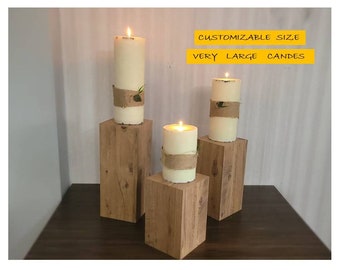 Custom big candles, large tower candles, wood stand candle holder, decorative church candles, wedding and christening candles