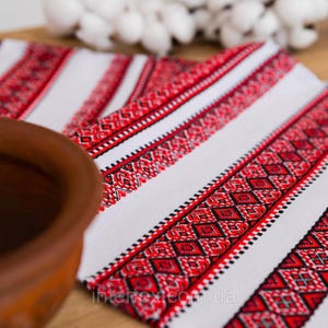 Ukrainian Embroidered Towel | Traditional White Rushnyk with Red-Black Pattern | Cotton Ritual Cloth from Ukraine