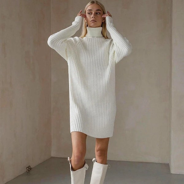 Robe tricotée chaude d’hiver, robe pull à col roulé, robe longue surdimensionnée en tricot fait à la main, mini robe élégante pour femmes, robe chaude midi esthétique