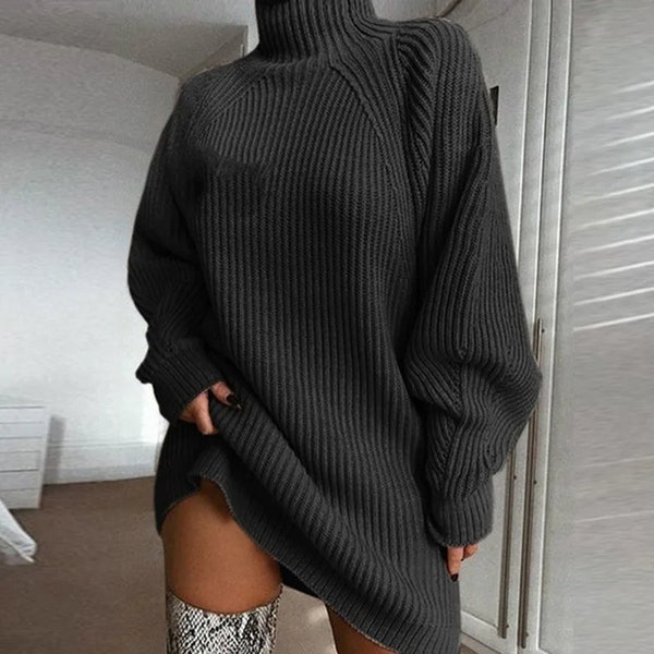 Winter Knitted Sweater Dress, Hand Knit Turtleneck Sweater, Loose Fit Tunic Mid Sweater, Vintage Oversized Dress, Fall Jumper Robe Dress Top