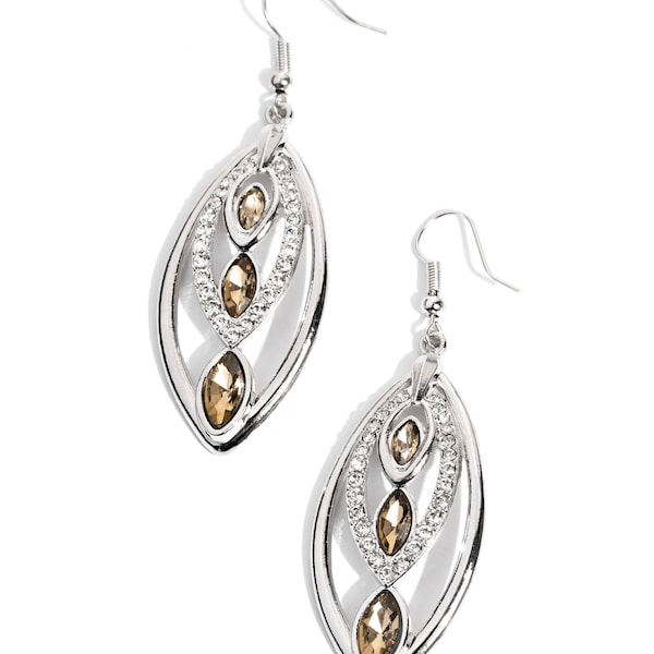 Golden Brown Rhinestones Plain Silver and White Rhinestone Silver Dangling Earrings, Handmade Earrings for Women, Gift for Her
