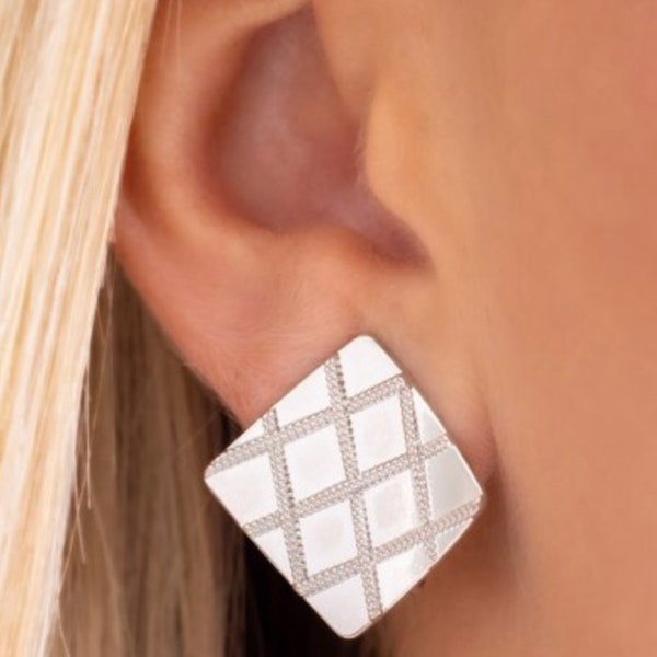 Square Crossed Pattern White Silver Earrings , Handmade Earrings for Women, Gift for Her