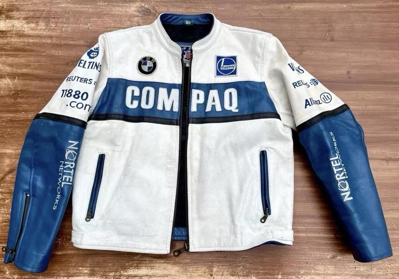 Mens BMW Compaq Motorbike Jacket Genuine Leather White Blue Nascar ...