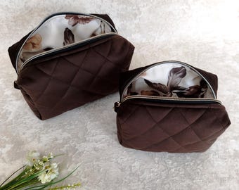 Luxus-Kosmetiktasche aus gestepptem Samt mit Blumenfutter, personalisierte Schminktasche
