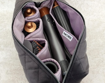Dyson Väska till Airwrap Styler, grafitfärgad sammet, hårverktygsorganisatör, quiltad kosmetikaförvaring med lila linnetyg
