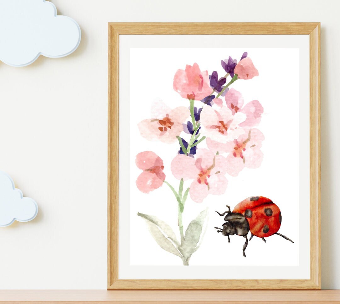 Fine Art Watercolour Ladybug & Flowers Room Decor Wall Poster - Etsy