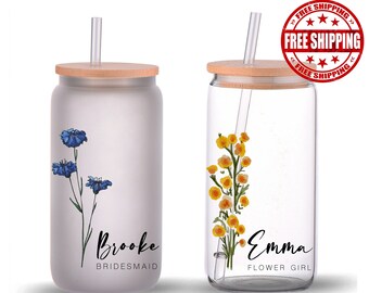 Bridesmaid Gifts Tumbler, Personalized Tumbler Gifts, Customized Glass Tumbler, Frosted Glass, Gift for Her, Bridal Party FLORL24