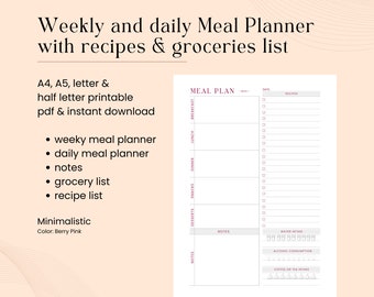 Planificador de comidas semanal y diario con plantilla imprimible de lista de recetas y compras, Planificador de alimentos, Plan de menú, Salud y fitness, A4/A5/Carta/Mitad