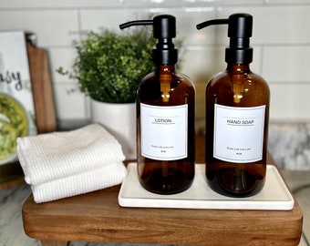 Set of 2 Glass Bathroom Soap Dispenser, Kitchen Soap Dispenser -Amber Bottles w/ Black Pump, and Ceramic Countertop Tray