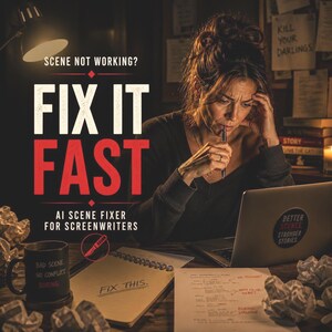 May include: A woman sits at a desk, working on a laptop. The text "FIX IT FAST" is prominently displayed, with the tagline "AI SCENE FIXER FOR SCREENWRITERS." A mug reads "BAD SCENE NO CONFLICT BORING." The laptop has a sticker that says "BETTER SCENES STRONGER STORIES."