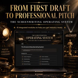 May include: A laptop screen displays The Screenwriting Operating System with the text From First Draft to Professional Pitch and 8 integrated modules including Industry Navigation, Script Readiness, Pitch Packaging, Outreach Strategy, Contact Targeting, Professional Etiquette, Career Positioning, and Representation Guide.