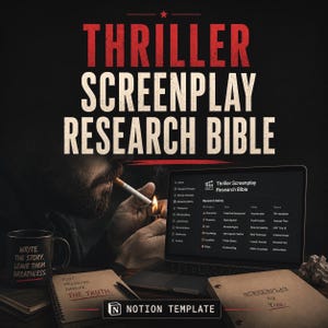 May include: A digital product titled Thriller Screenplay Research Bible featuring a laptop displaying a research matrix, a black mug with the text Write the story. Leave them breathless., and two notebooks with the text Plot pressure. Payoff. The truth. and Screenplay by You.