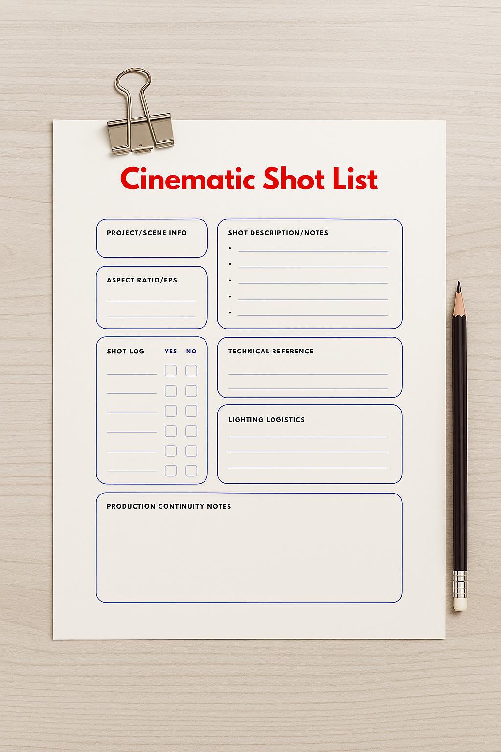 Cinematic Shot List | One-page Film Shot Organizer for Directors ...