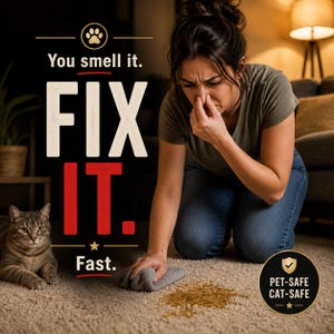 May include: An image promoting a pet stain remover. The text reads "You smell it. FIX IT. Fast." A woman is cleaning a stain on a carpet, with a cat nearby. The product is labeled "PET-SAFE CAT-SAFE."