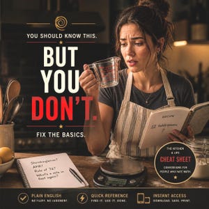 Puede incluir: Una mujer con un delantal parece confundida mientras sostiene una taza medidora y un libro de cocina. La imagen incluye el texto: "PERO NO LO SABES. ARREGLA LO BÁSICO". También se ven un bloc de notas y una balanza. La imagen promociona una chuleta de cocina.