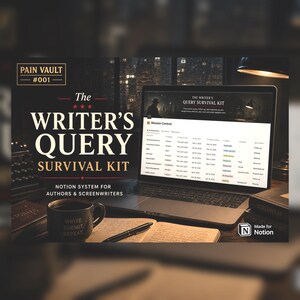 May include: A digital product titled The Writer's Query Survival Kit for Notion, displayed on a laptop screen. The screen shows a Mission Control dashboard for tracking submissions. A black mug with the text Write. Submit. Repeat. sits on a desk.