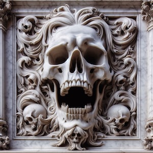 Puede incluir: Escultura de mármol blanco que representa una calavera con la boca abierta, rodeada de diseños intrincados y pequeños cráneos. La obra, muy detallada, está enmarcada en un borde rectangular.