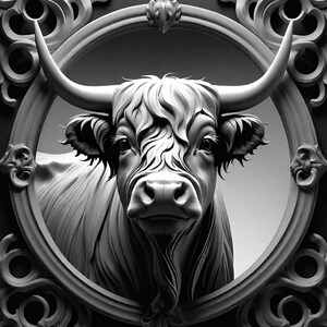 Puede incluir: Una imagen en blanco y negro de la cabeza de una vaca Highland con pelo largo y peludo, mirando directamente a la cámara. La cabeza de la vaca está enmarcada en un marco circular adornado.