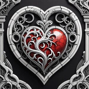 May include: A red heart with a cracked surface is framed by a white ornate heart-shaped design. The heart is surrounded by intricate scrollwork and floral patterns.
