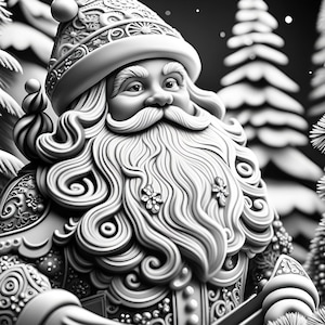 May include: A detailed, ornate, white Santa Claus figurine with a long, curly beard and a festive hat. The figurine is set against a background of snowy trees.