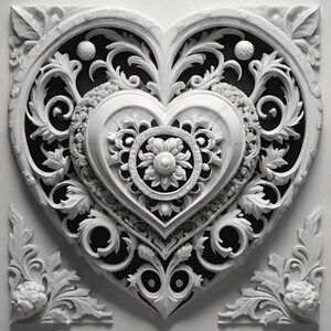 Op de afbeelding: Een wit, versierd, hartvormig ontwerp met ingewikkelde bloemmotieven. Het hart wordt omringd door een frame van draaiende bladeren en ranken. Het ontwerp doet denken aan een traditioneel, decoratief, gesneden houten paneel.