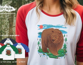 Bear 3/4 sleeve tee, Forest bear unisex tee, Mama Bear Gift, Bear art T Shirt, Bear Baseball Graphic Tee, Bear Present, Mama Bear Shirt