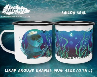 Underwater Enamel Coffee Mug, Seal Lover gift, Sailor Seal Camping Mug, Marine Mug, Nautical Cup, Seal tea Mug, Sailor Gift Campfire Mug