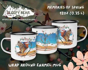 Sakura Flower Mug, Cottagecore Mug, Cozy Reading, Cherry Tree Enamel Cup, Mandarin Duck, Bird Watching Gift, Gift For Birders, Birding Mug