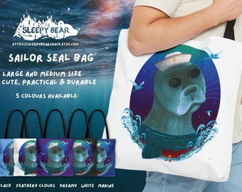 Sailor Seal Tote Bag, Seal Art Print, Suspicious Seal Tote Bag, Seal lover gift, Seal Everyday Tote, Seal Bag, Sailor present, Ocean Seal