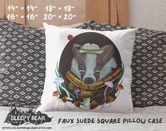 Badger faux suede Pillow Case, Forest Animals Pillow Case, Cute Badger Custom Pillow Case, Woodland Theme Pillow Case, Mushrooms Pillow Case