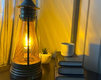 Vintage 1960s Amber Glass & Antique Bronze Table Lamp – One-of-a-Kind, Revamped with Internal Lighting