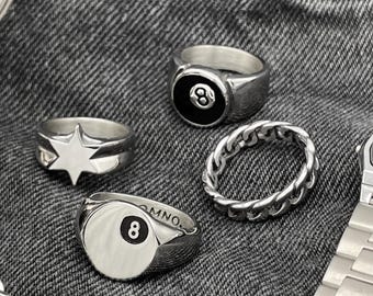 Silver Plated Signet Ring, Recycled Stainless Steel, Cuban, 8 Ball