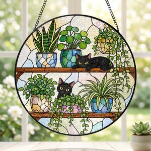 Atrapasueños de vidrieras, dos gatos negros en un estante para plantas, decoración botánica para plantas, regalo para amantes de las plantas y los gatos S122