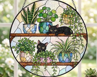 Acchiappasole in vetro colorato con gatti, due gatti neri su una mensola per piante, decorazione botanica da appendere alla finestra, regalo per amanti delle piante e dei gatti S122