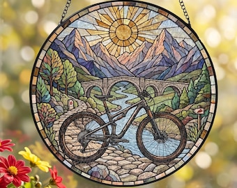 Acchiappasole in vetro colorato a forma di mountain bike, decorazione da appendere alla finestra, regalo per amanti del ciclismo all'aperto, compleanno del ciclista, festa del papà S94