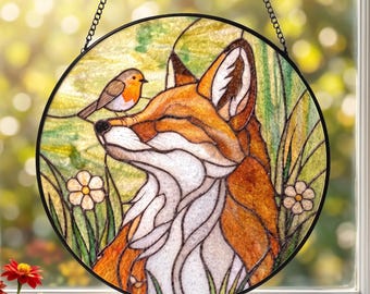 Acchiappasole in vetro colorato con volpe e pettirosso, decorazione per finestra a tema animali selvatici, regalo ispirato alla natura S107