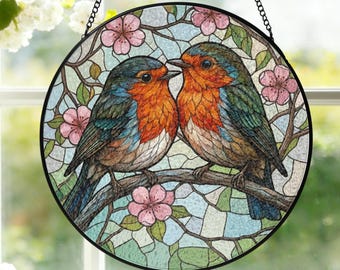 Robin paar gebrandschilderd glas Suncatcher vogel raam opknoping Robin Glass Art glas in lood vogel verjaardag cadeau vogelliefhebbers cadeau S49