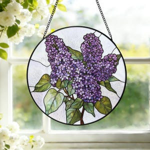 Purple Lilac Stained Glass Suncatcher Lilac Window Hanging Garden Suncather Floral Garden Art Mother’s Day Gift, Gift for Grandma S41