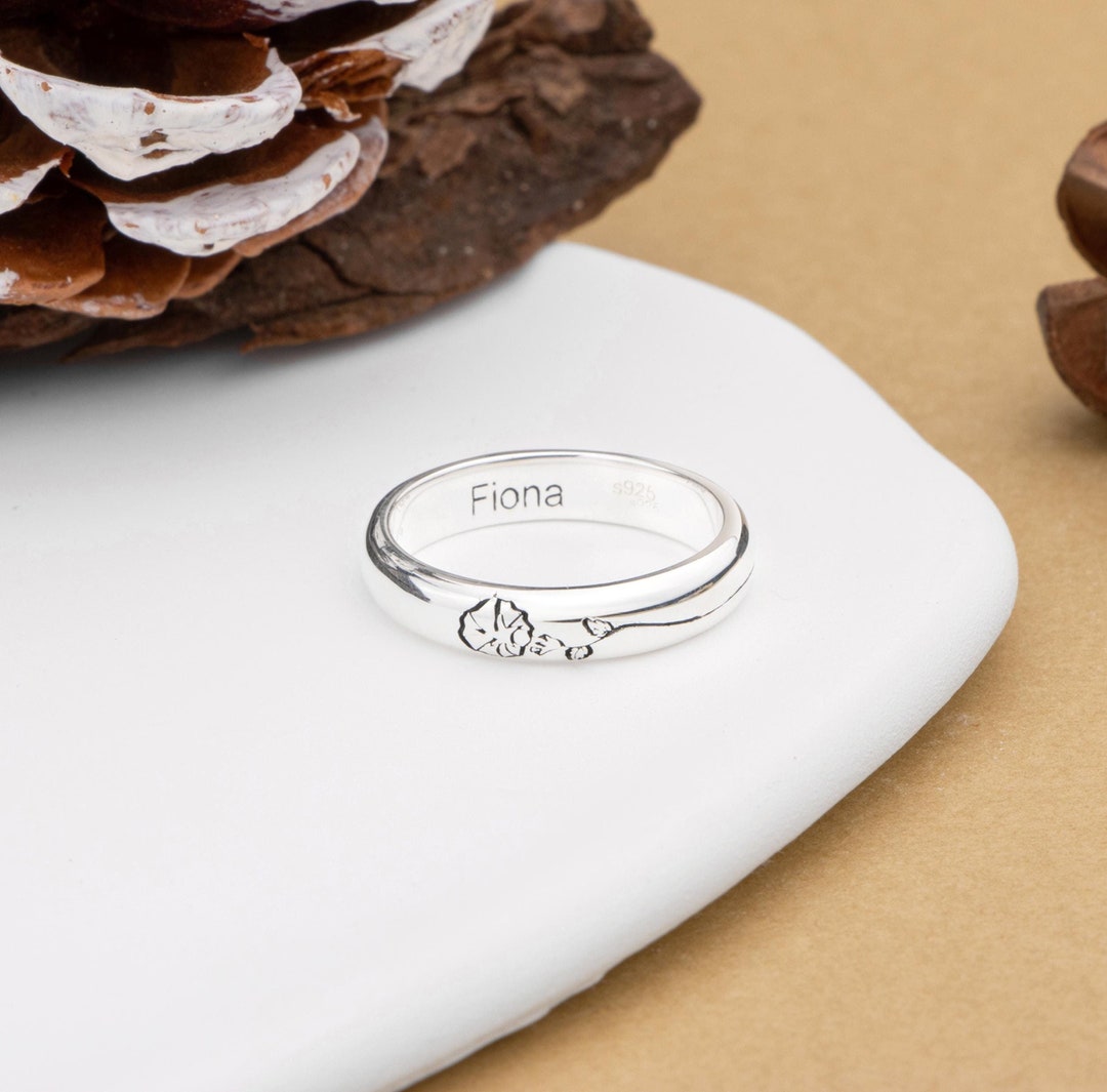 Custom Birth Flower Ring, Dainty Ring,engraved Name Ring,flower ...