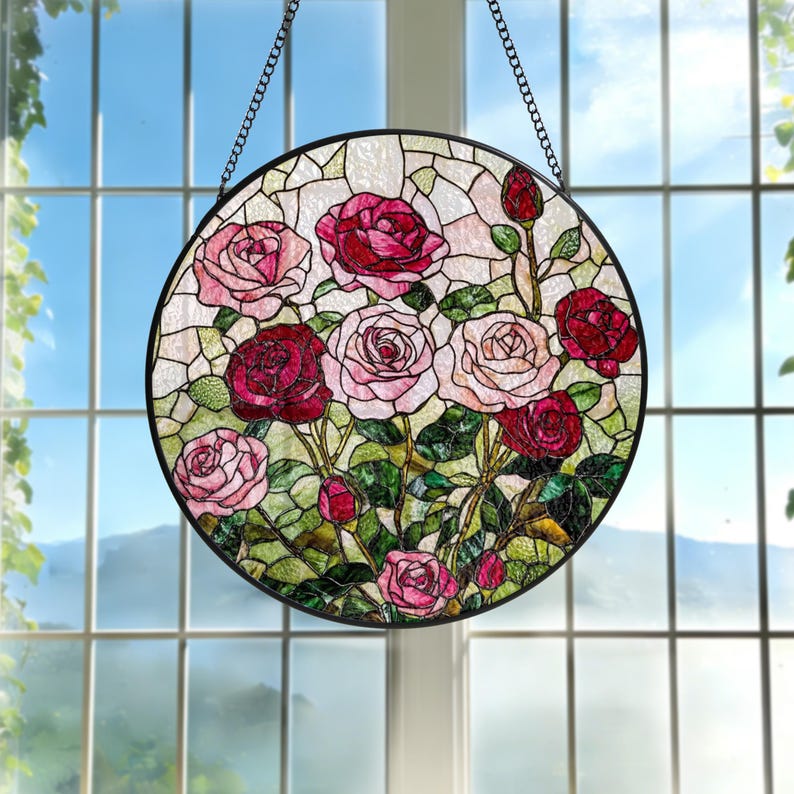 Rose Stained Glass Suncatcher Rose Window Hanging Pink and Red Rose ...