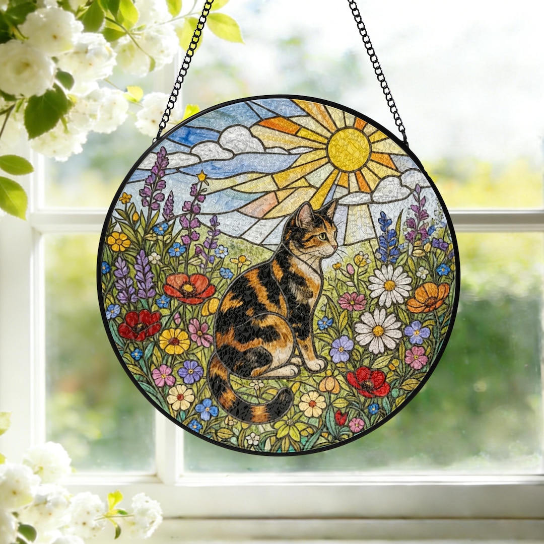 Cat Stained Glass Suncatcher Calico Cat Window Hanging Cat Sun Catcher ...