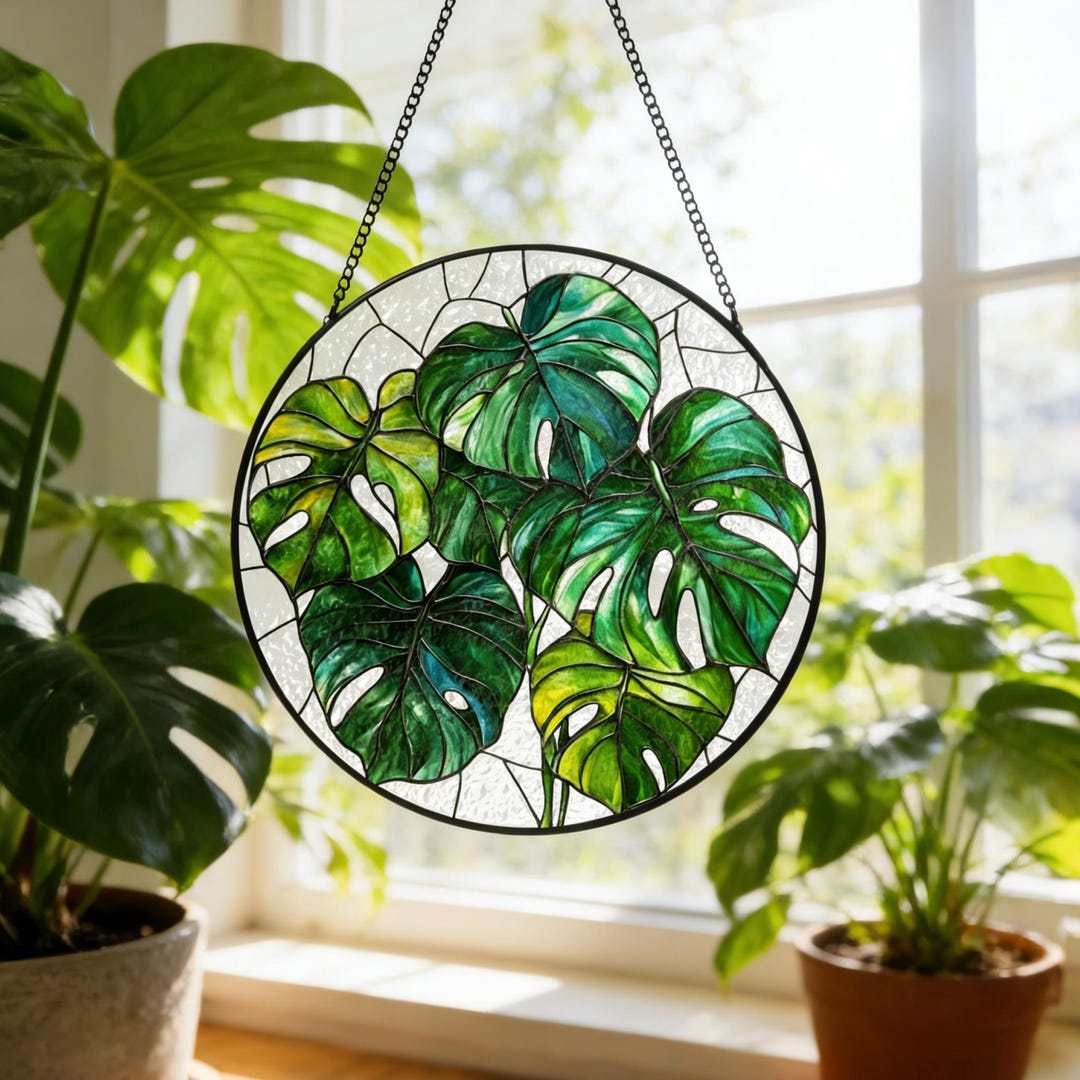 Monstera Plant Stained Glass Suncatcher Monstera Deliciosa Boh Window ...